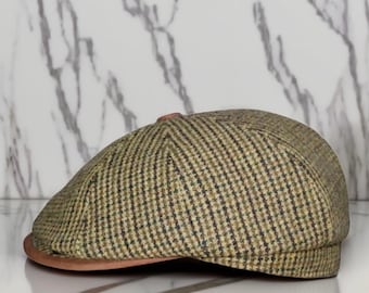 Classic Men's Flat Cap, Wool Tweed Pattern, Genuine Leather Visor, Vintage Newsboy Hat, Genuine Leather Visor, Unique Men's Gift