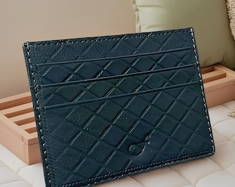 Laszlo Limited Edition Navy Genuine Leather Card Holder Rhombus Pattern Slim Wallet Handmade Minimalist 6 Slot Card Case