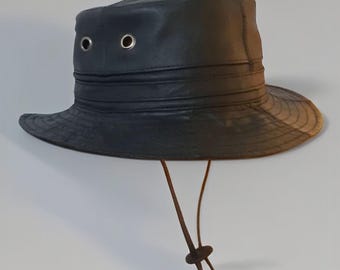 Genuine Leather Outdoor Hat, Handmade Hiking & Fishing Headwear, Wide-Brim Safari Hat with Chin Strap, Durable Gift