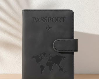 Black Leather Passport Cover Holder Unisex Travel Wallet Case with Card Case