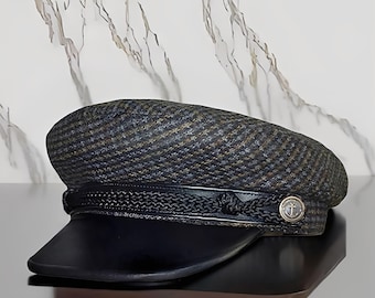Tweed Fiddler Cap with Faux Leather Visor, Vintage Checkered Sailor Hat, Greek Fisherman Style, Unisex Winter Gift