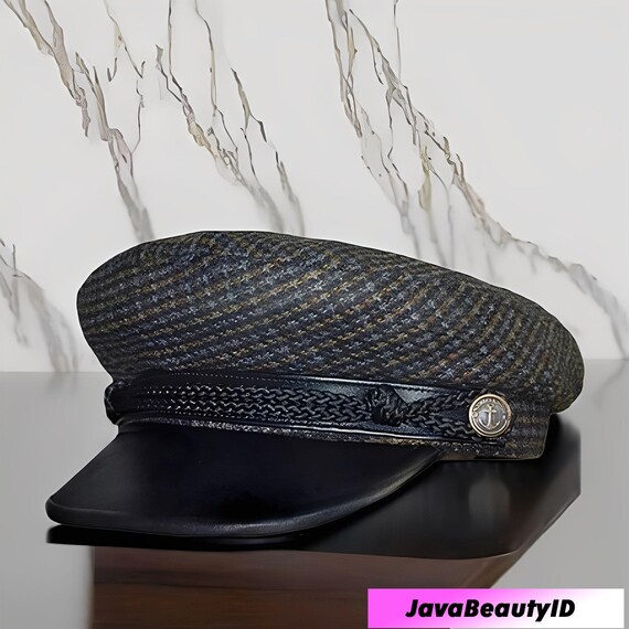 Tweed Fiddler Cap With Faux Leather Visor, Vintage Checkered  display picture 2