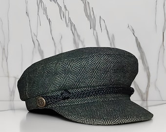 Berretto da violinista a spina di pesce grigio scuro, cappello da marinaio in tweed di lana, classico berretto da pescatore greco, regalo invernale vintage, regalo invernale retrò
