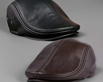 Coppola da uomo in vera pelle, stile vintage classico, basco in stile retrò, regolabile, nero/marrone, regali unici per lui.