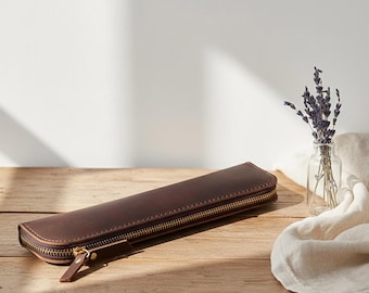 Handmade Genuine Cowhide Leather Pencil Case, Zippered Pen Pouch,  Artisan Leather Stationery Organizer