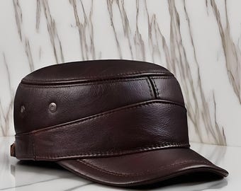Men's Real Leather Unique Cap, Lambskin Military Style Hat, Simple Field Cap, Adjustable Biker Hat, Classic Genuine Leather Military Cap
