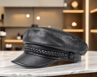 Berretto da marinaio in vera pelle da uomo, berretto da violinista in vera pelle, cappello da marinaio con dettaglio intrecciato, regolabile, nero/marrone, regalo unico per lui.
