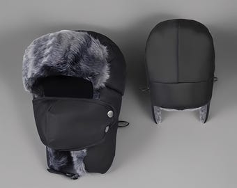 Schwarz Ushanka Bomber Hut und Maske 3in1 Winter wasserdichte Ausrüstung, Wintermütze,Ushanka Hut,Pelzmütze,flauschige Mütze,Ohrklappenmütze