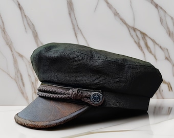 Berretto da marinaio da uomo color oliva scuro, autentico cappello da pescatore greco, tela color oliva scuro, berretto con visiera in pelle marrone, stile nautico vintage, regalo unico