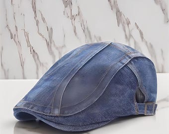 Unisex Dark Denim Duckbill Cap, Vintage Jeans Flat Hat, Casual Ivy Cap, Retro Painter Style, Perfect Summer Accessory