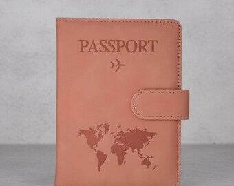 Pink Leather Passport Holder Travel Wallet Minimalist Document Organizer with Card Slots