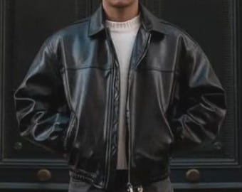 Handmade Vintage Black Leather Bomber Jacket for Mens 90s Retro