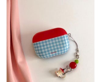 Gingham airpod case with Apple Charm, Cute Earphone Case, For Airpod 1 2 3 4 Pro 2, Food Lover Gifts