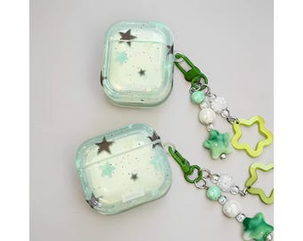 Green Stars Airpods Case, Airpod Case With Keychain, Earphone Case For Airpods 1 2 3 and 4 | Airpods Protect Case - Gift For Her