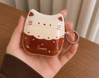 Cat Ears Airpod Case ,Strawberry Graffiti Airpos Case Pro 3, AirPods 1 or 2 3 4 Pro 2  Case With Hook, Gift For Her