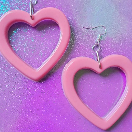 Big Heart Earrings / Cute Pink Earrings / Statement Earrings / - Etsy