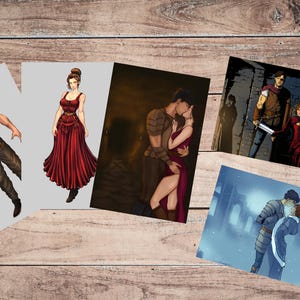 May include: A collection of fantasy art prints featuring illustrations of characters in various romantic and dramatic scenes. The prints showcase figures in medieval attire, embracing and interacting in evocative settings, with a focus on color and emotion.