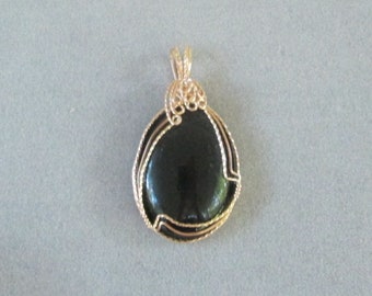 Black Onyx Pendant Wrapped in 14K Gold-Filled Wire