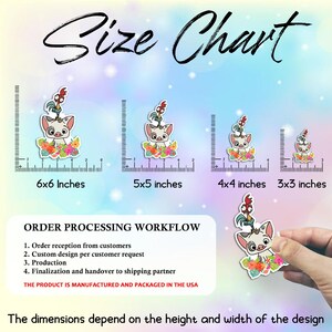 May include: Size chart showing sticker sizes: 6x6 inches, 5x5 inches, 4x4 inches, and 3x3 inches. Each sticker features a cartoon pig character with a rooster on its head, surrounded by flowers. The image also includes the order processing workflow.