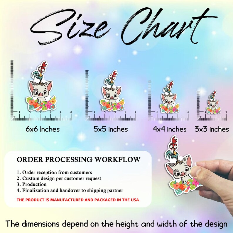 May include: Size chart showing sticker sizes: 6x6 inches, 5x5 inches, 4x4 inches, and 3x3 inches. Each sticker features a cartoon pig character with a rooster on its head, surrounded by flowers. The image also includes the order processing workflow.