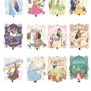 May include: A collection of twelve illustrated Disney princess movie posters. Each poster features a different princess, including Elsa, Aurora, Tiana, Belle, Jasmine, Moana, Mulan, Pocahontas, Rapunzel, Cinderella, Snow White, and Ariel.