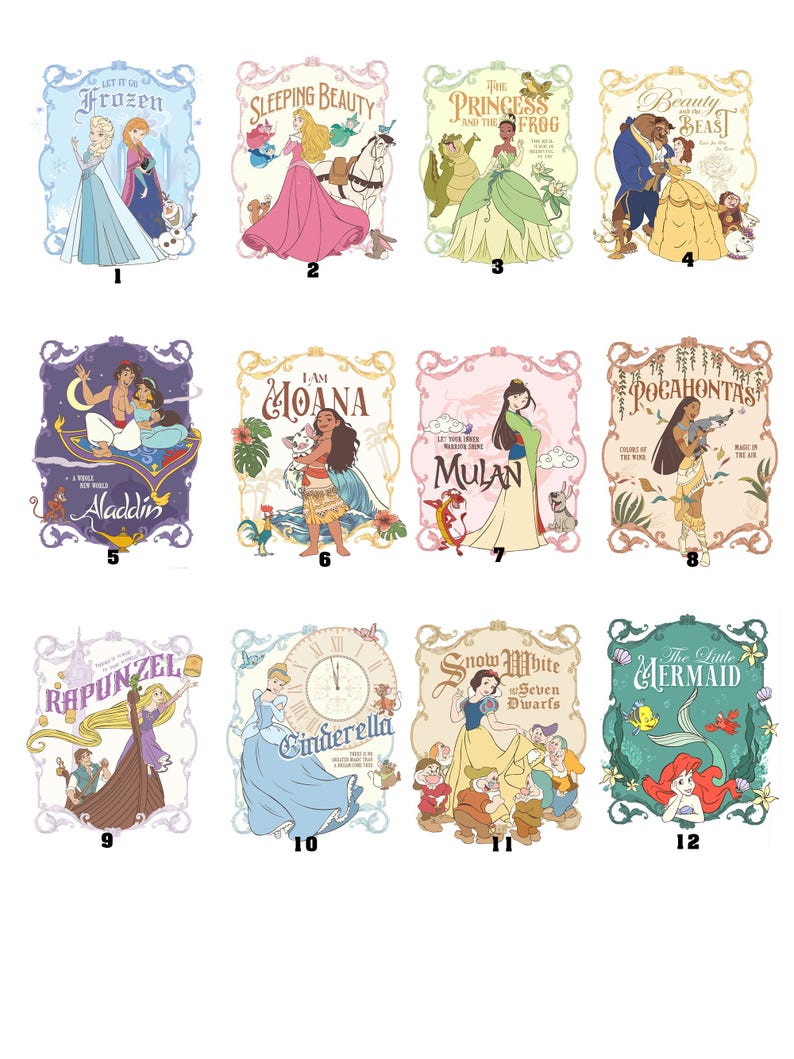 May include: A collection of twelve illustrated Disney princess movie posters. Each poster features a different princess, including Elsa, Aurora, Tiana, Belle, Jasmine, Moana, Mulan, Pocahontas, Rapunzel, Cinderella, Snow White, and Ariel.