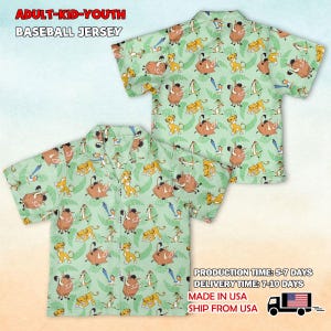 May include: Light green baseball jersey with a repeating pattern of cartoon characters. The shirt features a button-down front and short sleeves. Text at the top reads "ADULT-KID-YOUTH BASEBALL JERSEY".