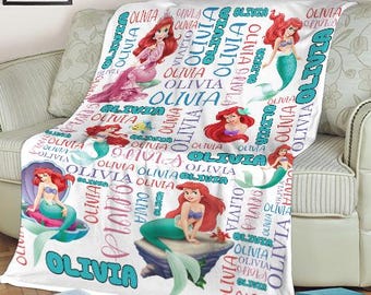 Personalized Watercolor Disney Princess The Little Mermaid Ariel Blanket, Custom Name Baby Girl Blanket Custom Disney Princess Birthday Gift