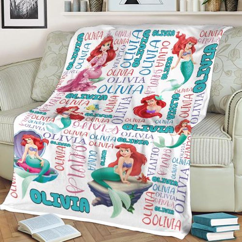 Personalized Watercolor Disney Princess The Little Mermaid Ariel Blanket, Custom Name Baby Girl Blanket Custom Disney Princess Birthday Gift bild 1