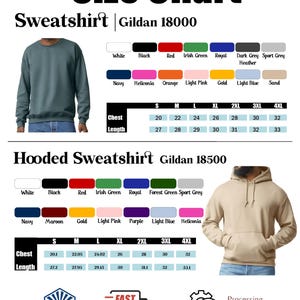 Puede incluir: Tabla de tallas para sudadera Gildan 18000 y sudadera con capucha Gildan 18500. Incluye muestras de color y medidas de pecho/largo en cm para tallas S a 4XL. Presenta una sudadera verde azulado y una sudadera con capucha color arena.