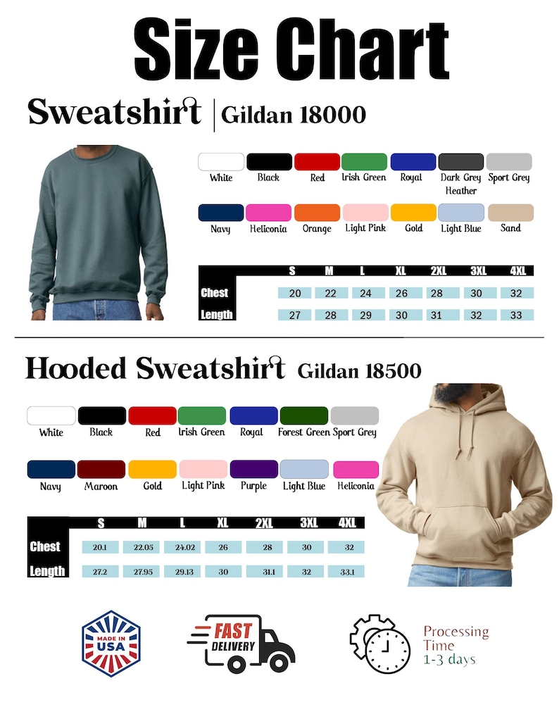 Puede incluir: Tabla de tallas para sudadera Gildan 18000 y sudadera con capucha Gildan 18500. Incluye muestras de color y medidas de pecho/largo en cm para tallas S a 4XL. Presenta una sudadera verde azulado y una sudadera con capucha color arena.