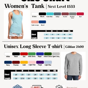 Puede incluir: Tabla de tallas para camisetas sin mangas de mujer y camisetas de manga larga unisex. Incluye muestras de color y medidas de pecho/largo en cm para tallas S a 4XL. Presenta una camiseta sin mangas azul claro y una camiseta gris.