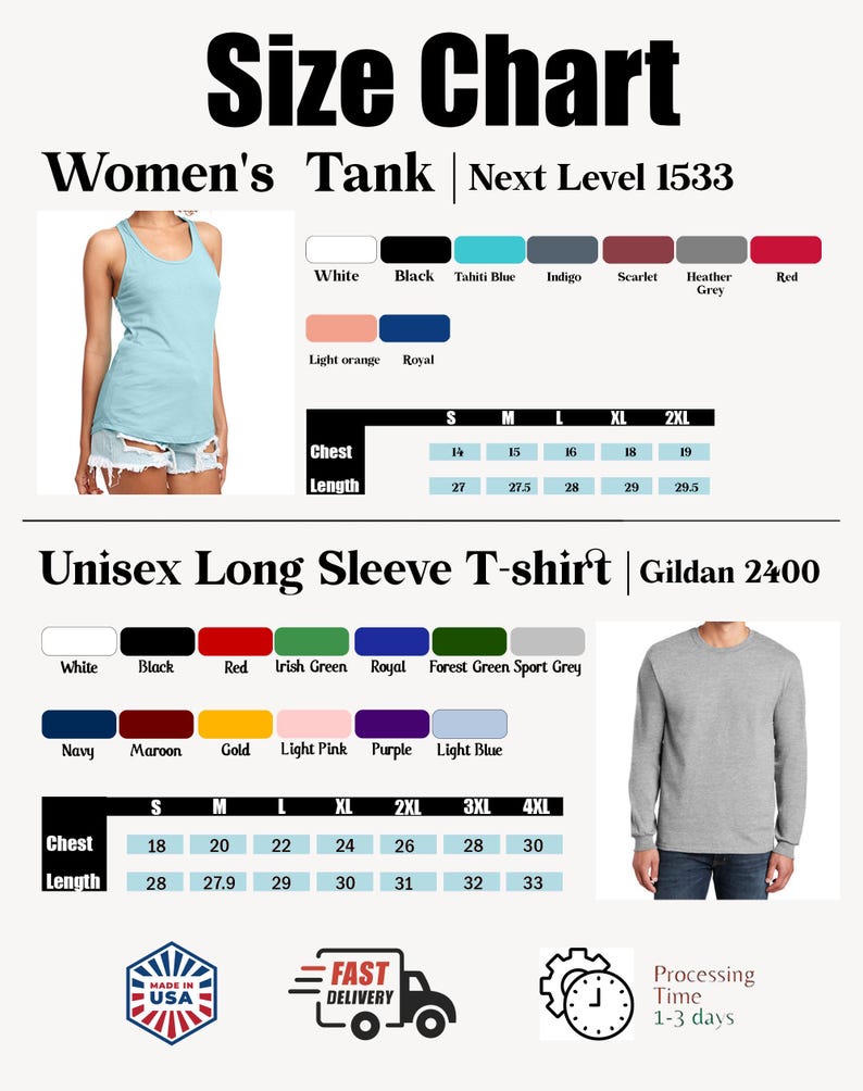 Puede incluir: Tabla de tallas para camisetas sin mangas de mujer y camisetas de manga larga unisex. Incluye muestras de color y medidas de pecho/largo en cm para tallas S a 4XL. Presenta una camiseta sin mangas azul claro y una camiseta gris.