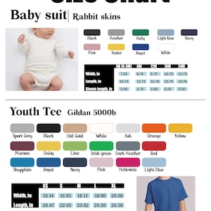 Puede incluir: Tabla de tallas para monos de beb&eacute; y camisetas juveniles. Incluye muestras de color y medidas en pulgadas para monos de beb&eacute; y camisetas juveniles. Las tallas de los monos de beb&eacute; van desde reci&eacute;n nacido hasta 24 meses. Las tallas de camisetas juveniles van de XS a XL.