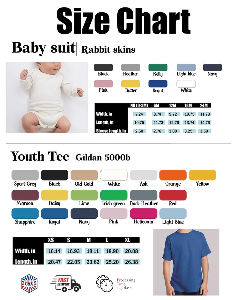 Puede incluir: Tabla de tallas para monos de beb&eacute; y camisetas juveniles. Incluye muestras de color y medidas en pulgadas para monos de beb&eacute; y camisetas juveniles. Las tallas de los monos de beb&eacute; van desde reci&eacute;n nacido hasta 24 meses. Las tallas de camisetas juveniles van de XS a XL.