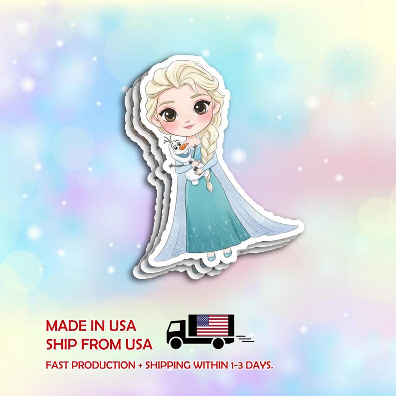 May include: A die-cut sticker featuring a cartoon illustration of Elsa from Frozen, holding Olaf. Elsa is wearing a teal dress and a long braid. The sticker has a white border and is set against a pastel background.