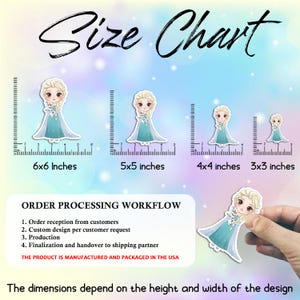 May include: Size chart showing illustrations of a character in a blue dress, with measurements in inches: 6x6, 5x5, 4x4, and 3x3. The image also includes the order processing workflow and states the product is manufactured and packaged in the USA.