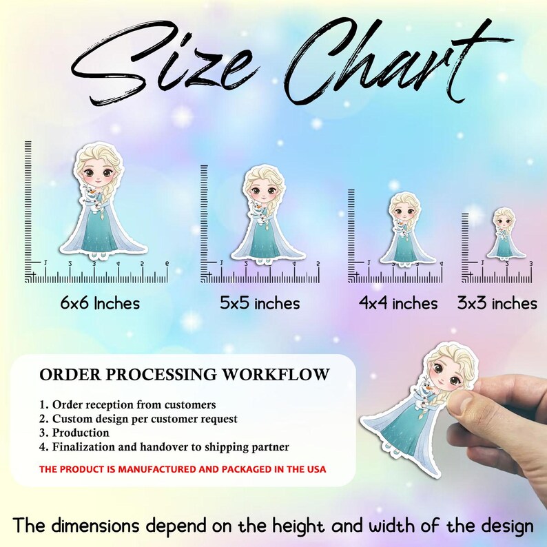 May include: Size chart showing illustrations of a character in a blue dress, with measurements in inches: 6x6, 5x5, 4x4, and 3x3. The image also includes the order processing workflow and states the product is manufactured and packaged in the USA.
