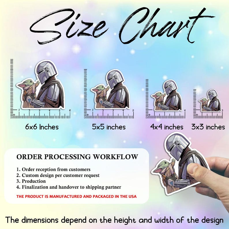 May include: A size chart for stickers featuring a Mandalorian and Grogu design. The chart shows sticker sizes: 6x6 inches, 5x5 inches, 4x4 inches, and 3x3 inches. The image also includes the order processing workflow.