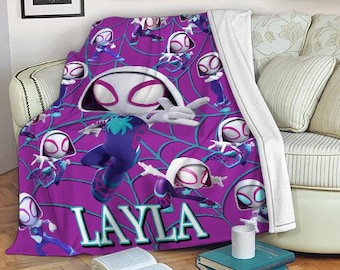 Personalized Name Spider Gwen Blanket, Spidey and His Amazing Friends Blanket, Spiderman Blanket, Cartoon Spidey Fleece Mink Sherpa Blanket