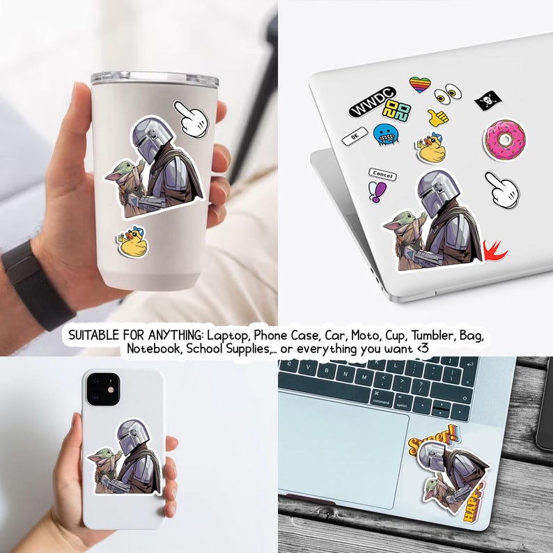 May include: A collection of stickers featuring characters from a popular science fiction series. The stickers are applied to a white tumbler, a laptop, and a smartphone. Other stickers include a cartoon duck, a donut, and a hand gesture.
