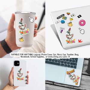 May include: A collection of stickers featuring cartoon characters and various designs. One sticker depicts a pig with a rooster on its head, surrounded by flowers. Other stickers include a donut, a hand, and other graphics. The stickers are suitable for laptops, phone cases, and more.