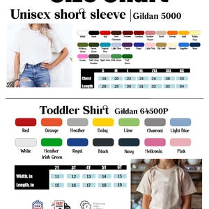 Puede incluir: Tabla de tallas para camisetas unisex de manga corta Gildan 5000 y camisetas para ni&ntilde;os peque&ntilde;os Gildan 64500P. Incluye muestras de color y medidas en pulgadas para el pecho y la longitud. Las tallas de las camisetas para ni&ntilde;os peque&ntilde;os van de 2T a 6T.