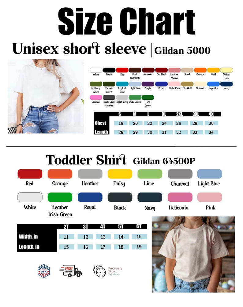 Puede incluir: Tabla de tallas para camisetas unisex de manga corta Gildan 5000 y camisetas para ni&ntilde;os peque&ntilde;os Gildan 64500P. Incluye muestras de color y medidas en pulgadas para el pecho y la longitud. Las tallas de las camisetas para ni&ntilde;os peque&ntilde;os van de 2T a 6T.