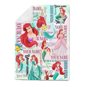 May include: A plush blanket featuring a colorful design with illustrations of a mermaid with red hair, in various poses. The blanket has a light blue, pink, and green background with the text "Your Name" repeated throughout.