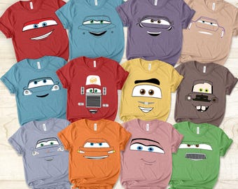 Camiseta familiar a juego con contorno de cara de Cars de Disney, camiseta de disfraz de Cars para Halloween, equipo de cumpleaños de Disney, grupo de Cars, Rayo McQueen, Tow Mater
