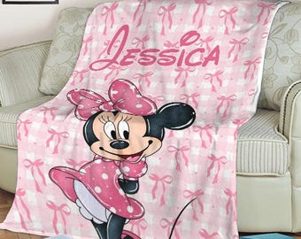 Coquette Minnie Mouse Fleece Blanket, Cute Disney Blanket, Custom Name Minnie Mouse Blanket, Christmas Gifts