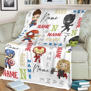 Personalized Super Hero Blanket, Super Hero Sherpa Throw Blanket, Custom name Baby Blanket, Marvel Ironman Thor Hulk Birthday Blanket bild 1