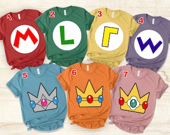 Cartoon Film Brothers Party Birthday & Halloween T-Shirt  Nintendo Costume Tee  Princess Peach, Daisy, Wario, Rosalina  Unisex Bella Shirt