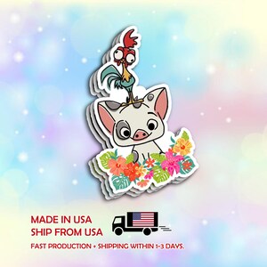 May include: A sticker featuring a cartoon pig with a rooster on its head, surrounded by colorful flowers. The pig is white with gray spots and pink ears. The rooster is blue and red. The sticker has a white border.